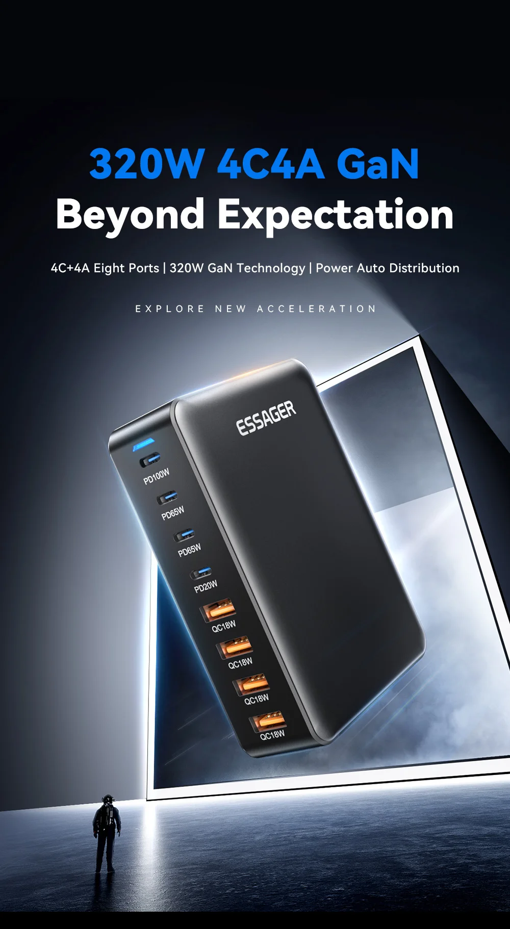 ESSAGER 320W GaN 4 USB + 4 Type-C Ports Desktop Charger - UK Plug-Cellmalls