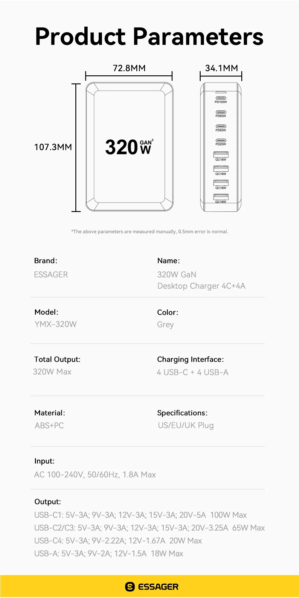 ESSAGER 320W GaN 4 USB + 4 Type-C Ports Desktop Charger - UK Plug-Cellmalls