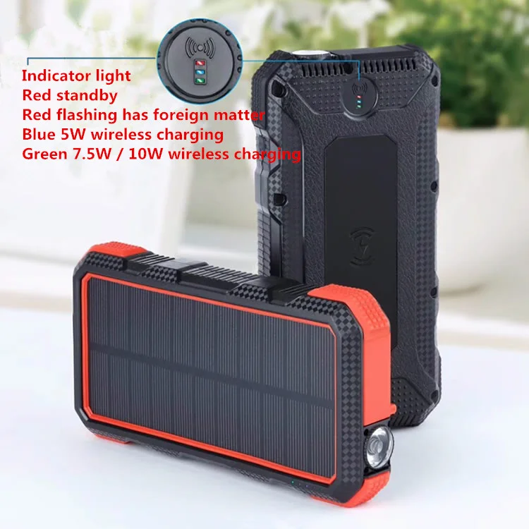 20000mAh Solar Power Bank Wireless Charger Dual USB + Type-C 18W PD Fast Charging Mobile Power with LED Flashlight (Not Support FOD Function) - Red-Cellmalls