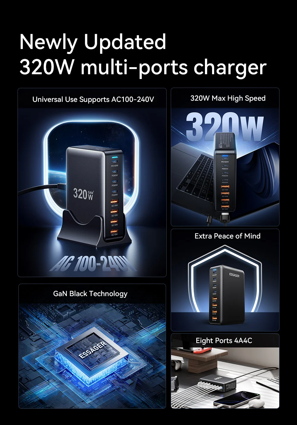ESSAGER 320W GaN 4 USB + 4 Type-C Ports Desktop Charger - UK Plug-Cellmalls