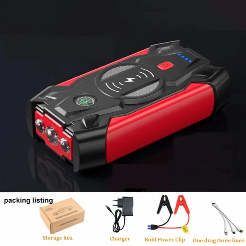 J13 Portable Car Jump Starter 12V Car Emergency Starter Cell Phone Power Bank with Wireless Charging (EU Plug) - Green / Storage Box-Cellmalls