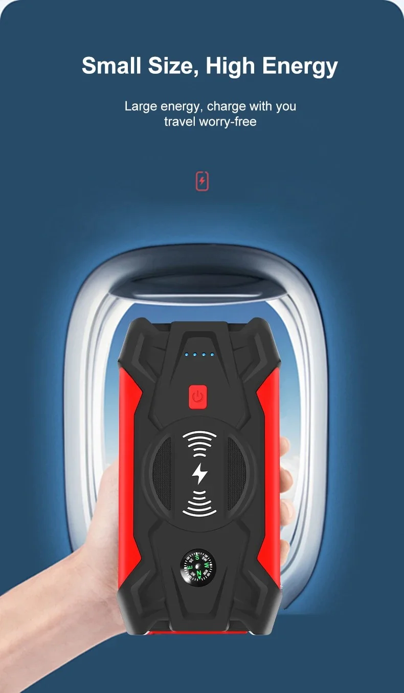 J13 Portable Car Jump Starter 12V Car Emergency Starter Cell Phone Power Bank with Wireless Charging (EU Plug) - Green / Storage Box-Cellmalls