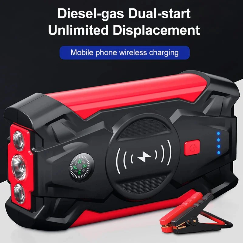 J13 Portable Car Jump Starter 12V Car Emergency Starter Cell Phone Power Bank with Wireless Charging (EU Plug) - Green / Storage Box-Cellmalls