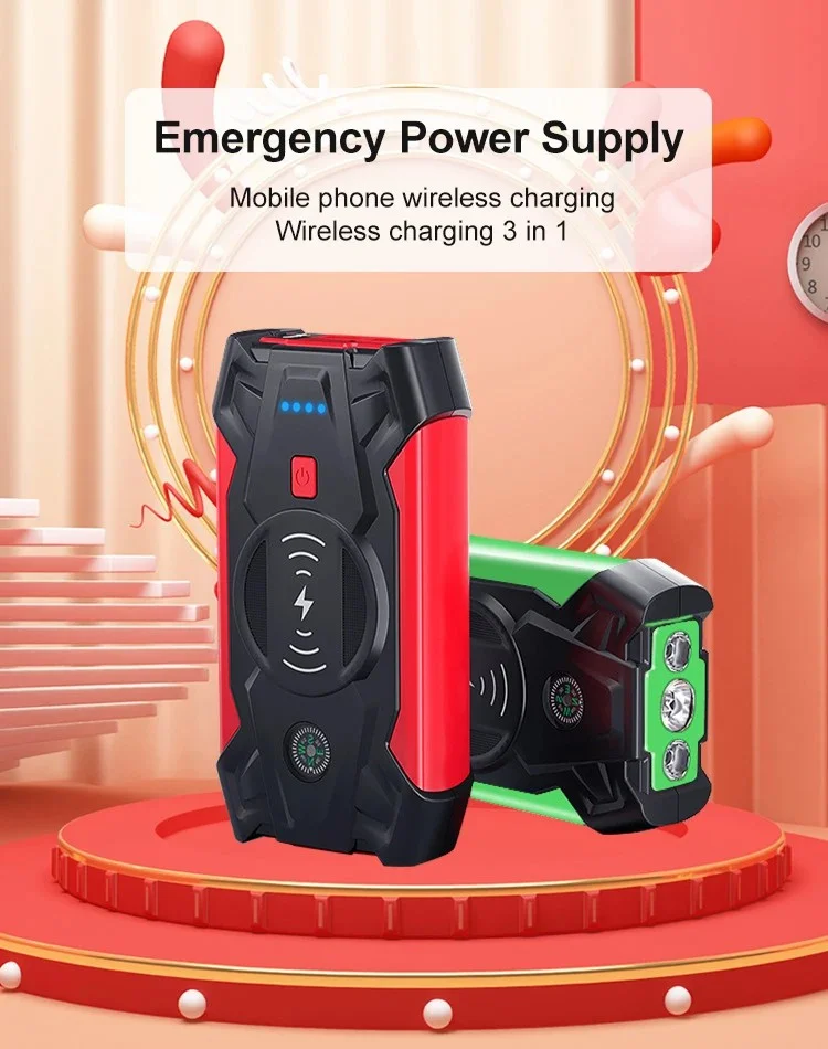 J13 Portable Car Jump Starter 12V Car Emergency Starter Cell Phone Power Bank with Wireless Charging (EU Plug) - Green / Storage Box-Cellmalls
