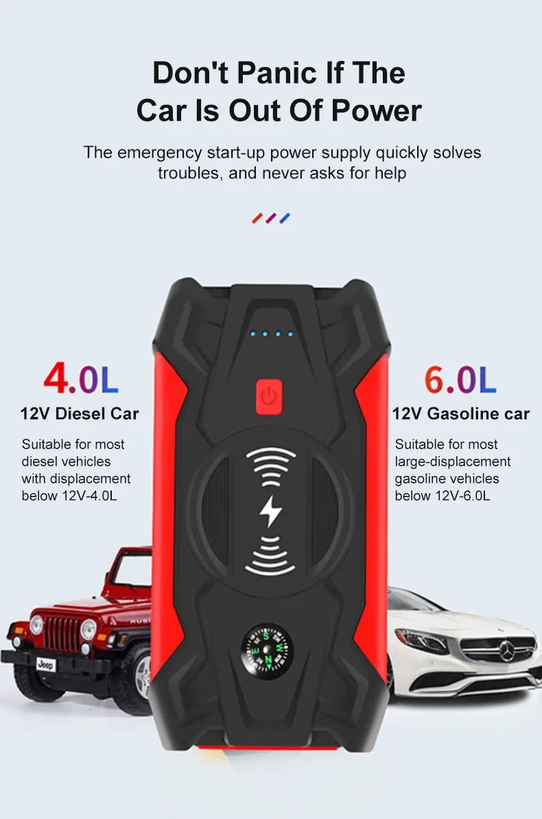 J13 Portable Car Jump Starter 12V Car Emergency Starter Cell Phone Power Bank with Wireless Charging (EU Plug) - Green / Storage Box-Cellmalls