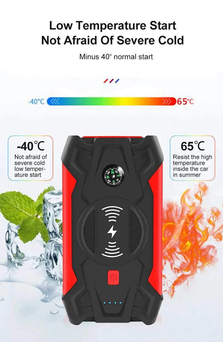 J13 Portable Car Jump Starter 12V Car Emergency Starter Cell Phone Power Bank with Wireless Charging (EU Plug) - Green / Storage Box-Cellmalls