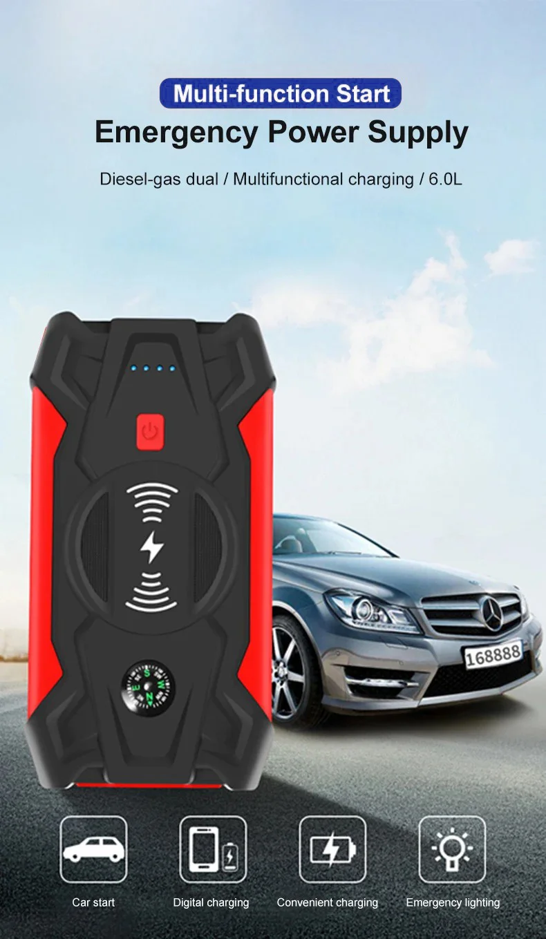 J13 Portable Car Jump Starter 12V Car Emergency Starter Cell Phone Power Bank with Wireless Charging (EU Plug) - Green / Storage Box-Cellmalls