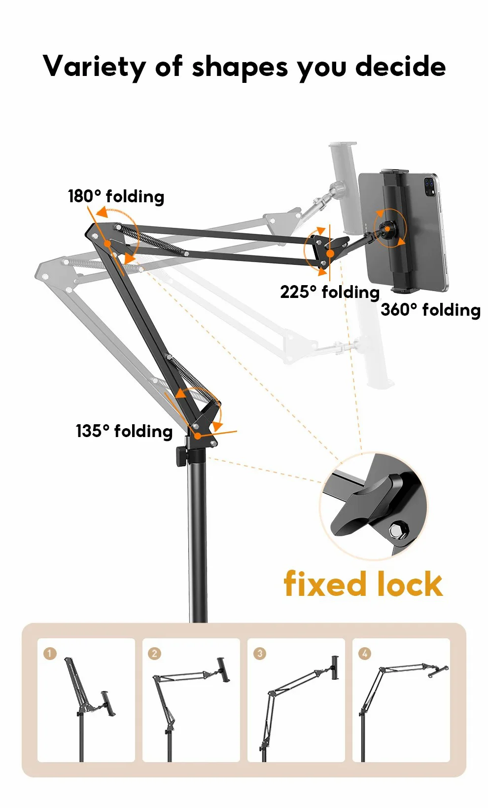 JOPREE L10PRO 1.6m Tablet Floor Stand with Desktop Clip Telescopic for iPhone 16 / 16 Plus / 16 Pro / 16 Pro Max 4 - 13inch Devices - White-Cellmalls