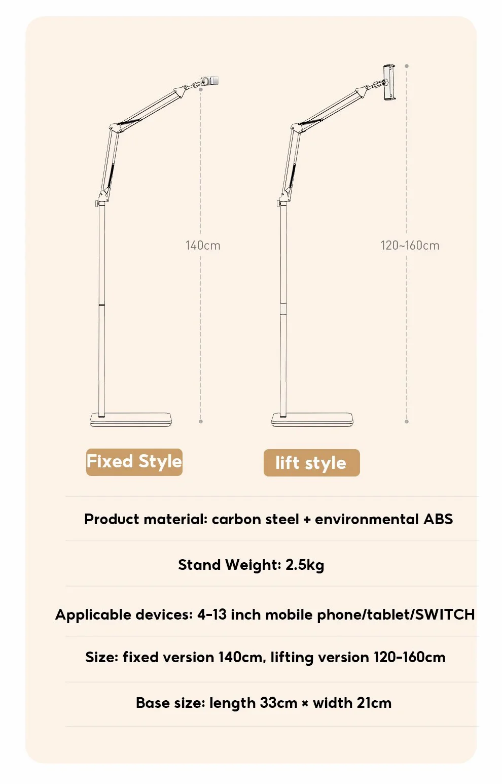 JOPREE L10PRO 1.6m Tablet Floor Stand with Desktop Clip Telescopic for iPhone 16 / 16 Plus / 16 Pro / 16 Pro Max 4 - 13inch Devices - White-Cellmalls