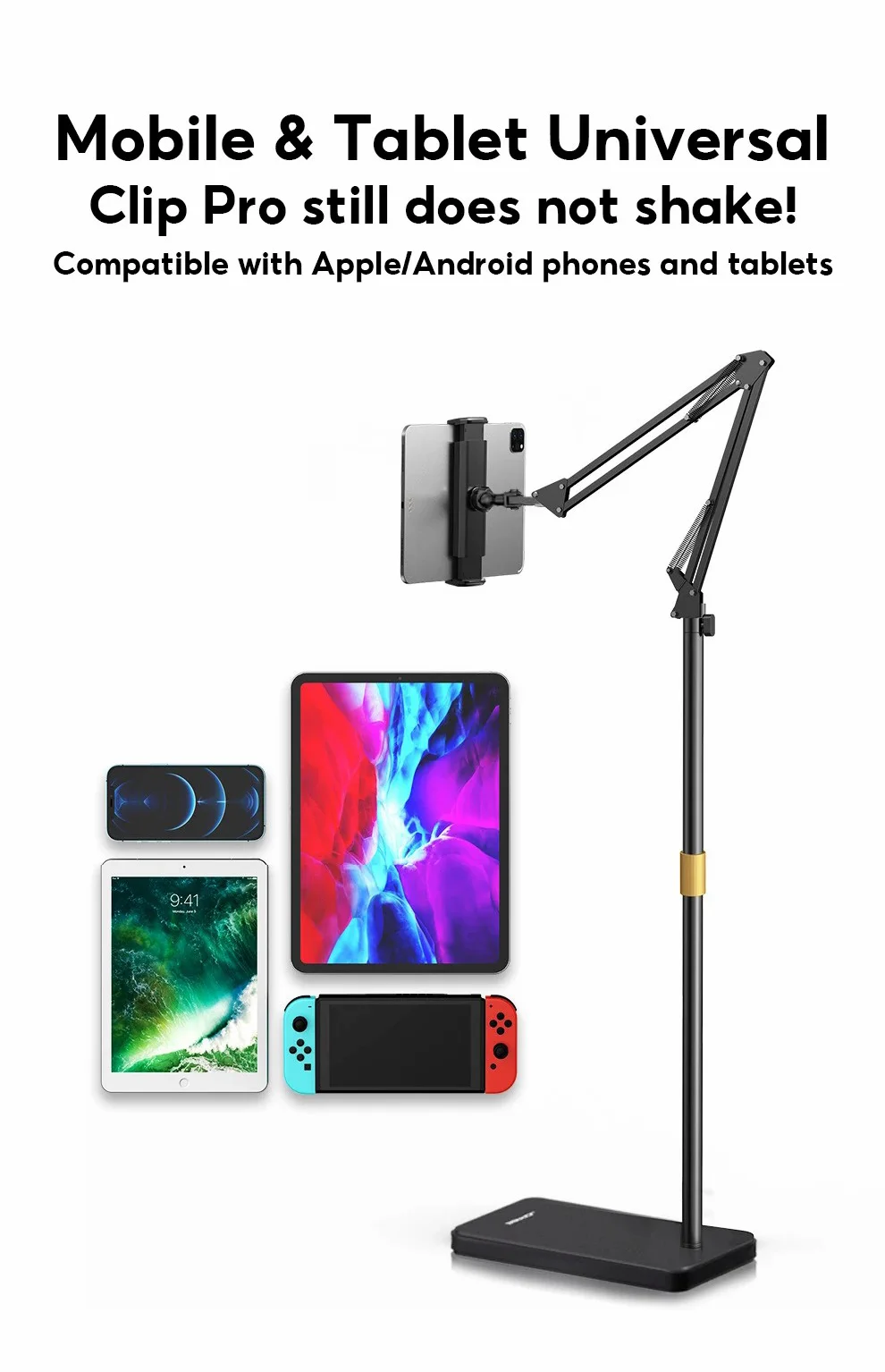 JOPREE L10PRO 1.6m Tablet Floor Stand with Desktop Clip Telescopic for iPhone 16 / 16 Plus / 16 Pro / 16 Pro Max 4 - 13inch Devices - White-Cellmalls