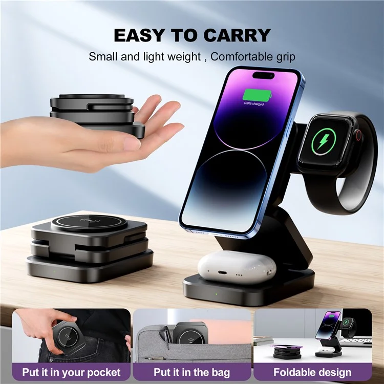 A390 3-in-1 15W Fast Charging Magnetic Wireless Charger Folding Bracket Compatible with iPhone  /  Apple Watch  /  Airpods - Black-Cellmalls
