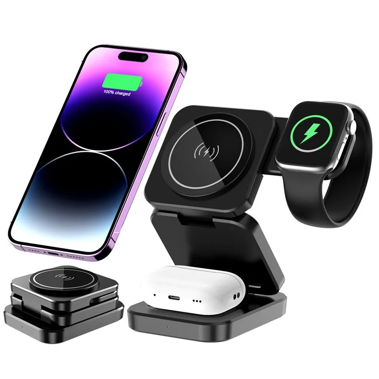 A390 3-in-1 15W Fast Charging Magnetic Wireless Charger Folding Bracket Compatible with iPhone  /  Apple Watch  /  Airpods - Black-Cellmalls