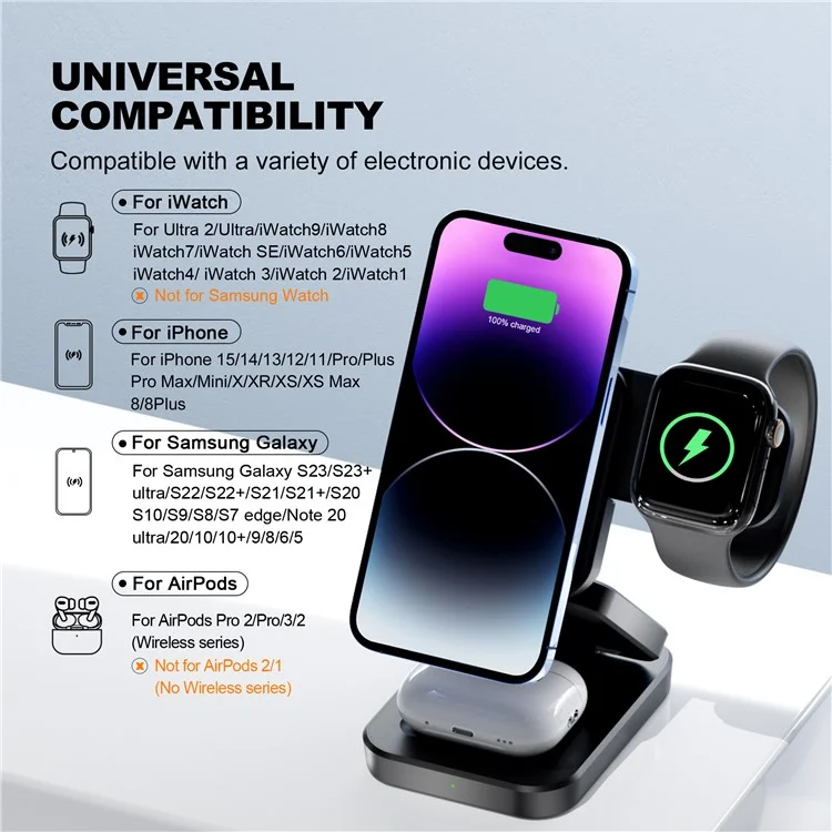 A390 3-in-1 15W Fast Charging Magnetic Wireless Charger Folding Bracket Compatible with iPhone  /  Apple Watch  /  Airpods - Black-Cellmalls