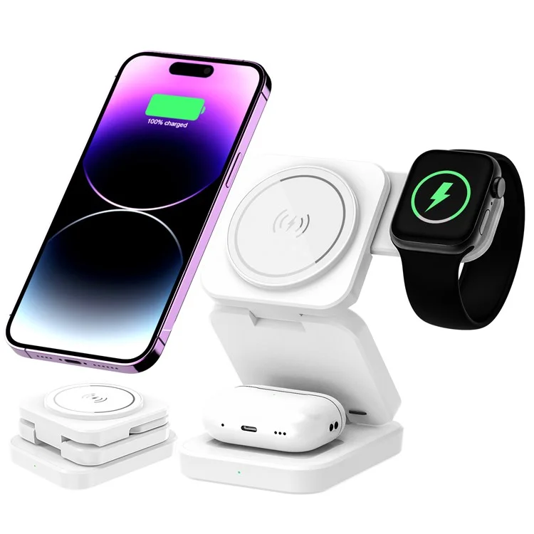 A390 3-in-1 15W Fast Charging Magnetic Wireless Charger Folding Bracket Compatible with iPhone  /  Apple Watch  /  Airpods - White-Cellmalls