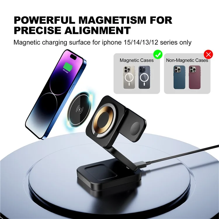 A390 3-in-1 15W Fast Charging Magnetic Wireless Charger Folding Bracket Compatible with iPhone  /  Apple Watch  /  Airpods - White-Cellmalls