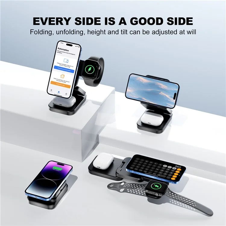 A390 3-in-1 15W Fast Charging Magnetic Wireless Charger Folding Bracket Compatible with iPhone  /  Apple Watch  /  Airpods - White-Cellmalls