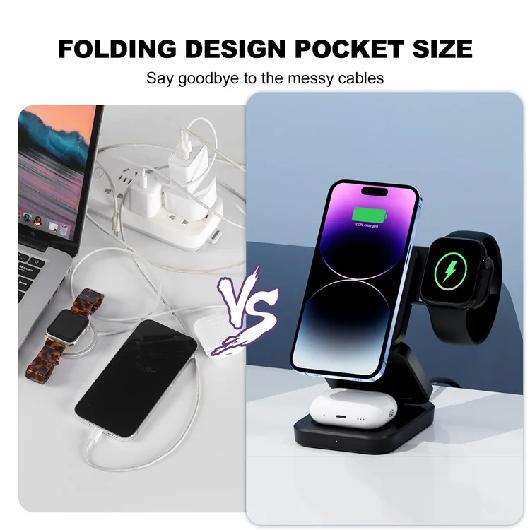 A390 3-in-1 15W Fast Charging Magnetic Wireless Charger Folding Bracket Compatible with iPhone  /  Apple Watch  /  Airpods - White-Cellmalls