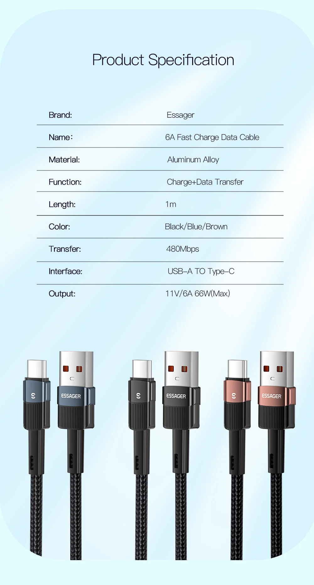 ESSAGER 1m 6A Fast Charging USB to Type C Charge Cord 480Mbps Transmission Cable - Blue-Cellmalls