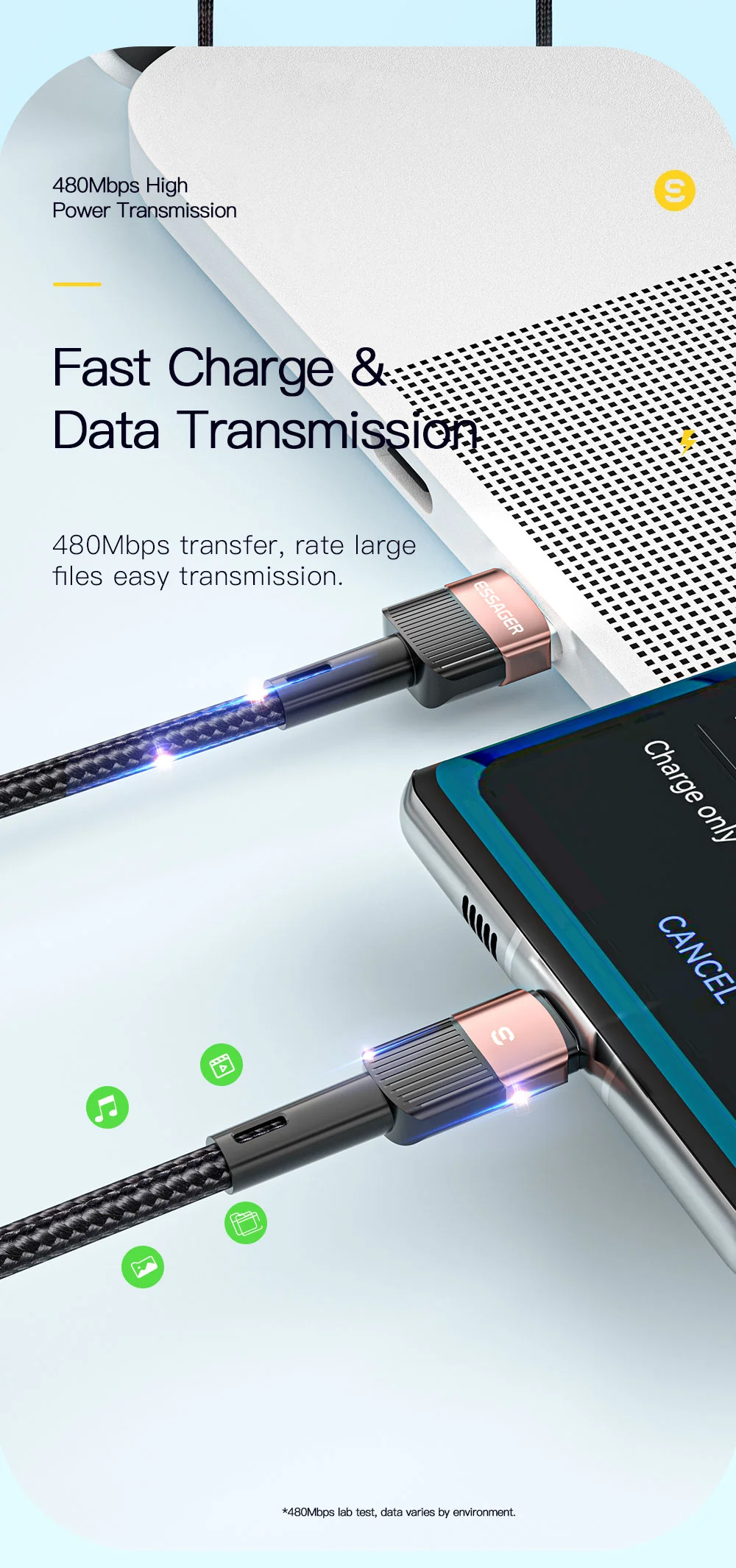 ESSAGER 1m 6A Fast Charging USB to Type C Charge Cord 480Mbps Transmission Cable - Blue-Cellmalls