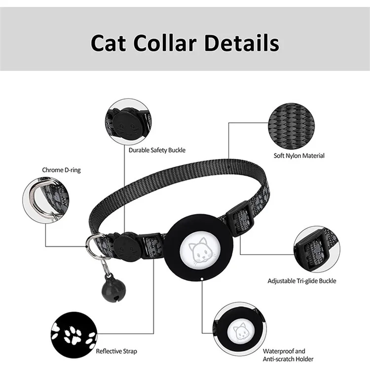 For AirTag Silicone Case Paw Pattern Reflective Pet Collar GPS Tracker Protective Cover with Bell, with Front Back Film Set - Black-Cellmalls