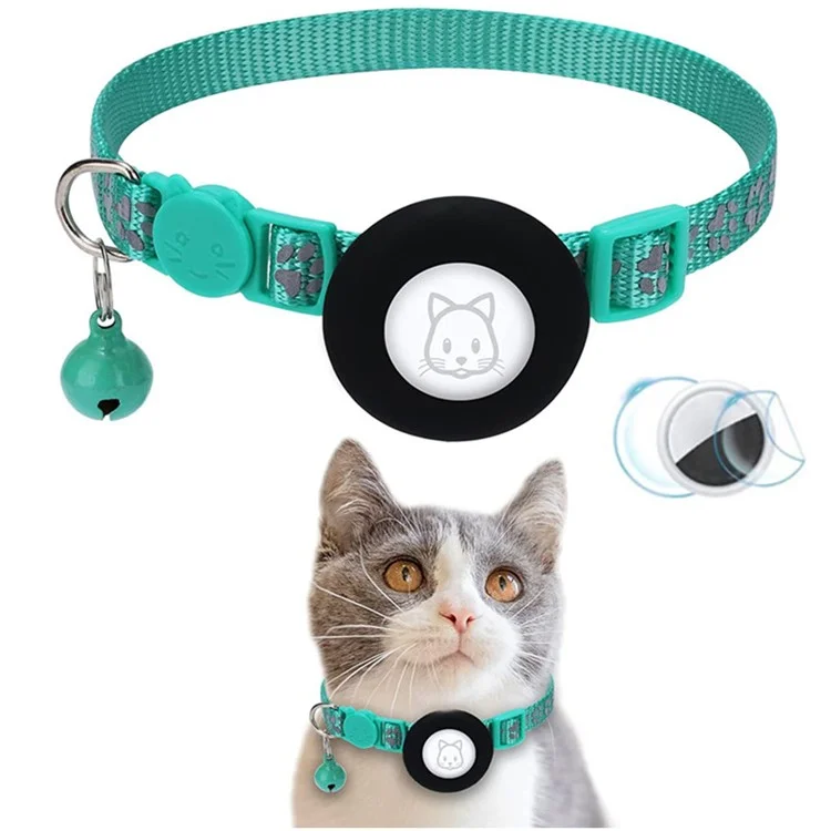 For AirTag Silicone Case Paw Pattern Reflective Pet Collar GPS Tracker Protective Cover with Bell, with Front Back Film Set - Green-Cellmalls