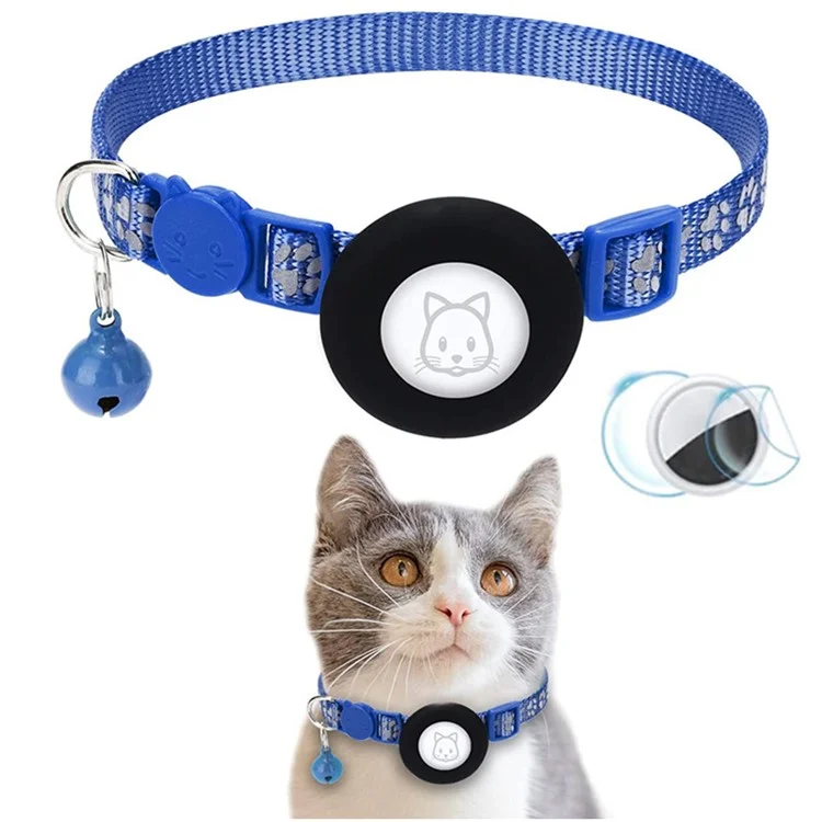 For AirTag Silicone Case Paw Pattern Reflective Pet Collar GPS Tracker Protective Cover with Bell, with Front Back Film Set - Blue-Cellmalls