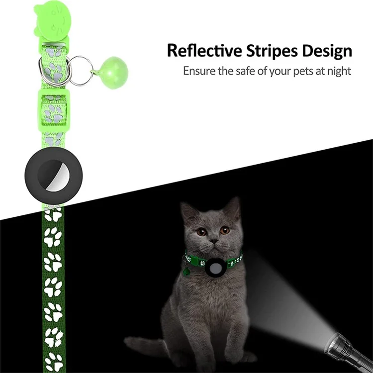 For AirTag Silicone Case Paw Pattern Reflective Pet Collar GPS Tracker Protective Cover with Bell, with Front Back Film Set - Light Green-Cellmalls