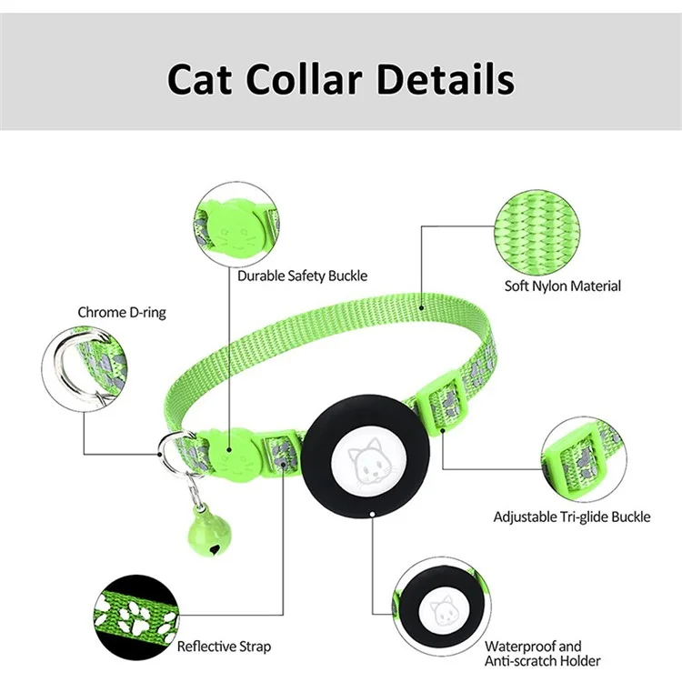 For AirTag Silicone Case Paw Pattern Reflective Pet Collar GPS Tracker Protective Cover with Bell, with Front Back Film Set - Light Green-Cellmalls