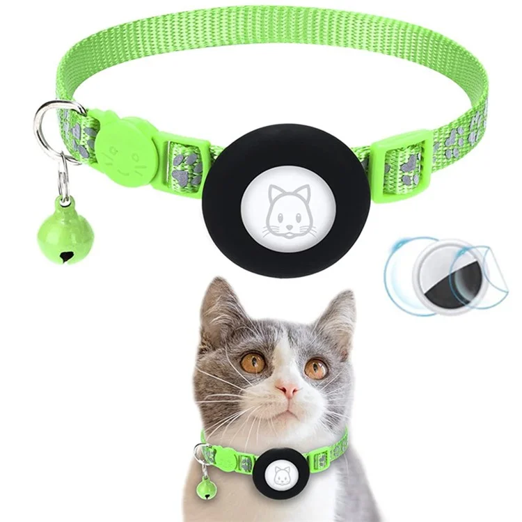 For AirTag Silicone Case Paw Pattern Reflective Pet Collar GPS Tracker Protective Cover with Bell, with Front Back Film Set - Light Green-Cellmalls