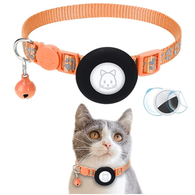 For AirTag Silicone Case Paw Pattern Reflective Pet Collar GPS Tracker Protective Cover with Bell, with Front Back Film Set - Orange-Cellmalls