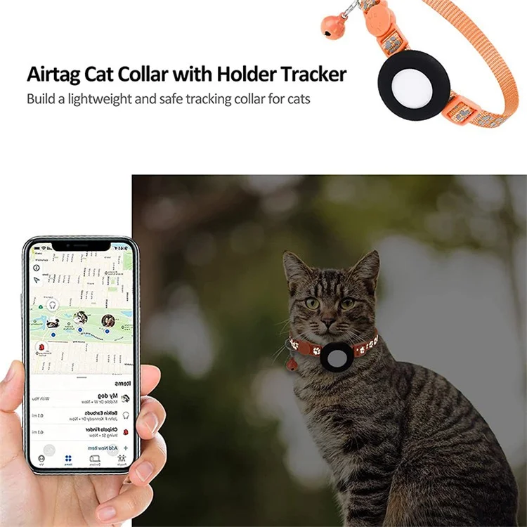For AirTag Silicone Case Paw Pattern Reflective Pet Collar GPS Tracker Protective Cover with Bell, with Front Back Film Set - Orange-Cellmalls