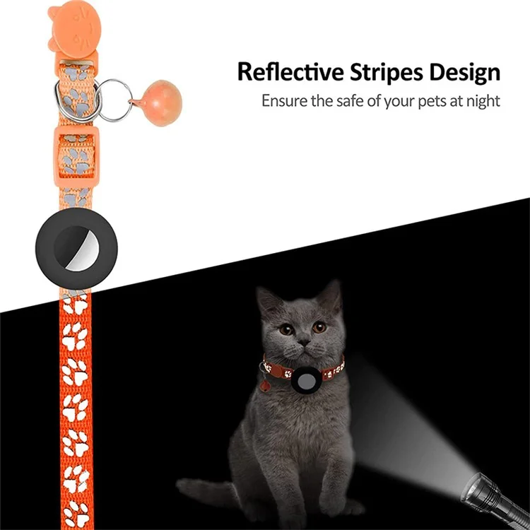 For AirTag Silicone Case Paw Pattern Reflective Pet Collar GPS Tracker Protective Cover with Bell, with Front Back Film Set - Orange-Cellmalls