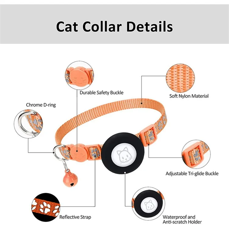 For AirTag Silicone Case Paw Pattern Reflective Pet Collar GPS Tracker Protective Cover with Bell, with Front Back Film Set - Orange-Cellmalls