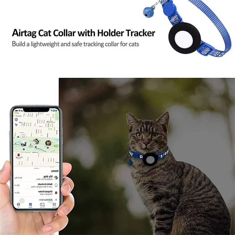 For AirTag Silicone Case Paw Pattern Reflective Pet Collar GPS Tracker Protective Cover with Bell, with Front Back Film Set - Blue-Cellmalls