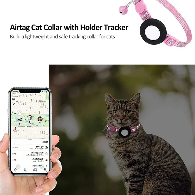 For AirTag Silicone Case Paw Pattern Reflective Pet Collar GPS Tracker Protective Cover with Bell, with Front Back Film Set - Pink-Cellmalls