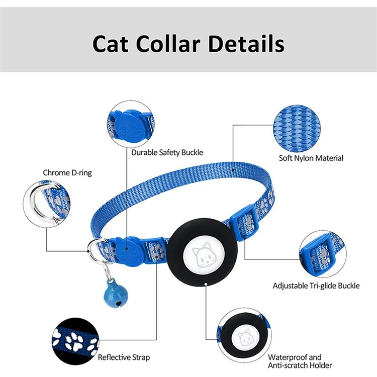 For AirTag Silicone Case Paw Pattern Reflective Pet Collar GPS Tracker Protective Cover with Bell, with Front Back Film Set - Blue-Cellmalls