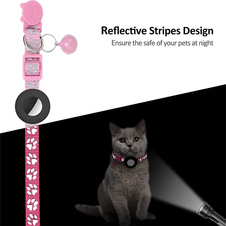 For AirTag Silicone Case Paw Pattern Reflective Pet Collar GPS Tracker Protective Cover with Bell, with Front Back Film Set - Pink-Cellmalls