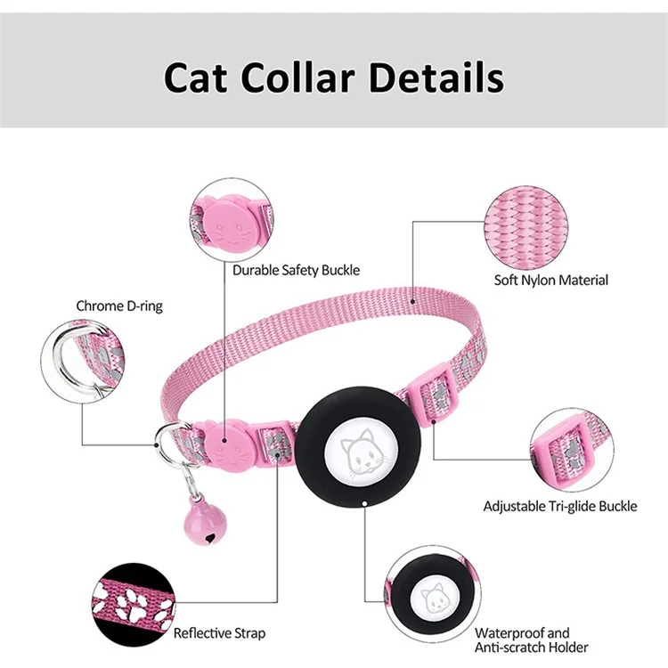 For AirTag Silicone Case Paw Pattern Reflective Pet Collar GPS Tracker Protective Cover with Bell, with Front Back Film Set - Pink-Cellmalls