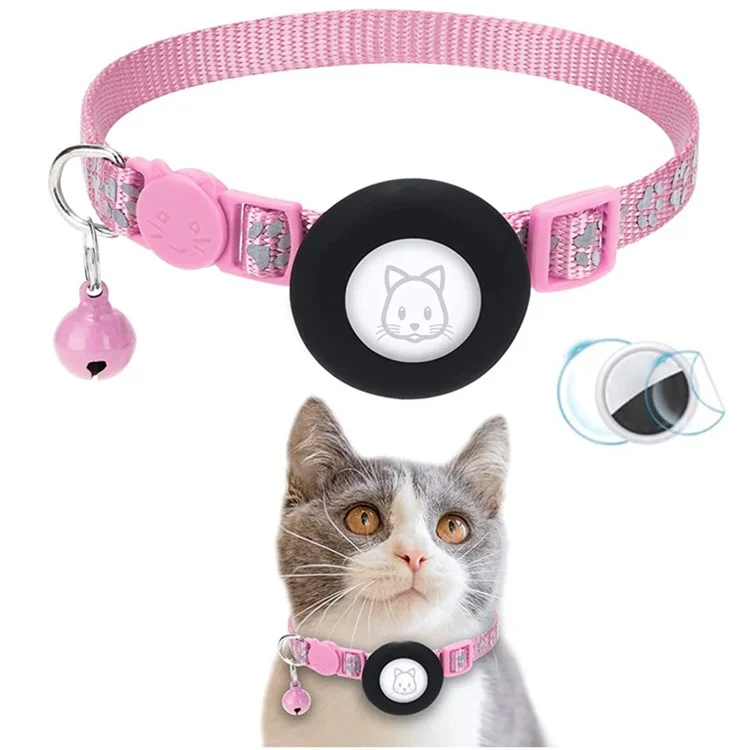 For AirTag Silicone Case Paw Pattern Reflective Pet Collar GPS Tracker Protective Cover with Bell, with Front Back Film Set - Pink-Cellmalls