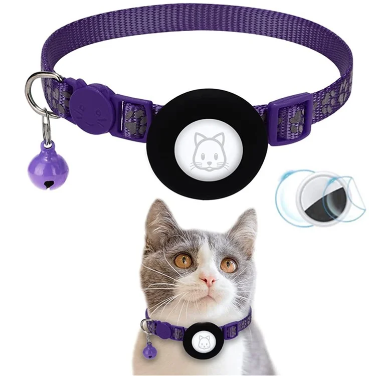 For AirTag Silicone Case Paw Pattern Reflective Pet Collar GPS Tracker Protective Cover with Bell, with Front Back Film Set - Purple-Cellmalls