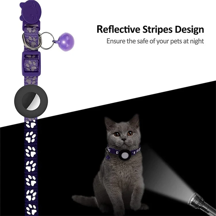 For AirTag Silicone Case Paw Pattern Reflective Pet Collar GPS Tracker Protective Cover with Bell, with Front Back Film Set - Purple-Cellmalls