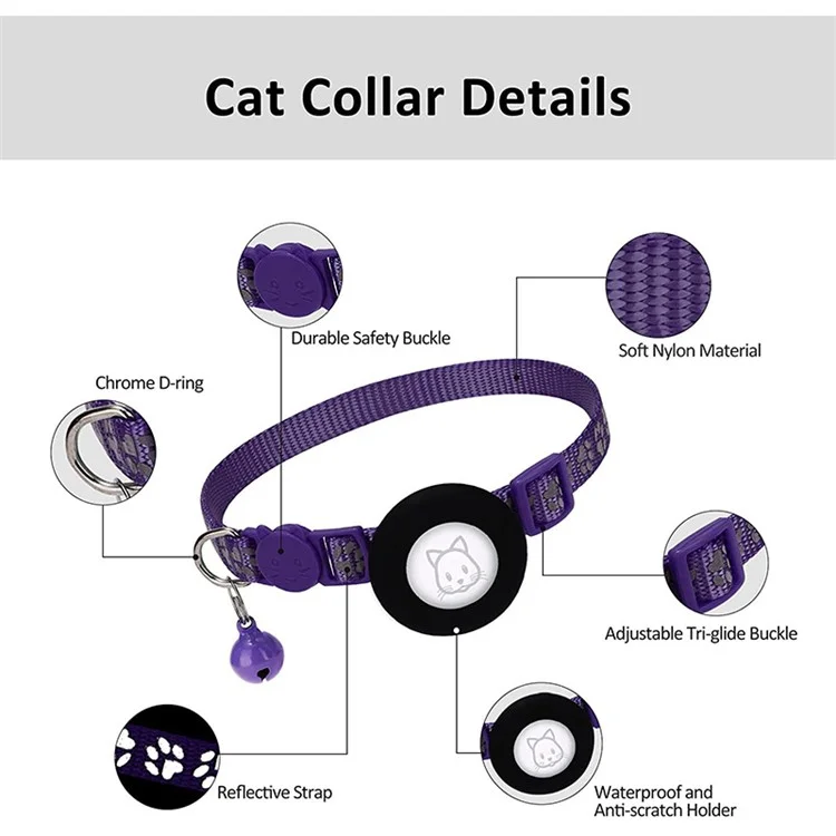 For AirTag Silicone Case Paw Pattern Reflective Pet Collar GPS Tracker Protective Cover with Bell, with Front Back Film Set - Purple-Cellmalls