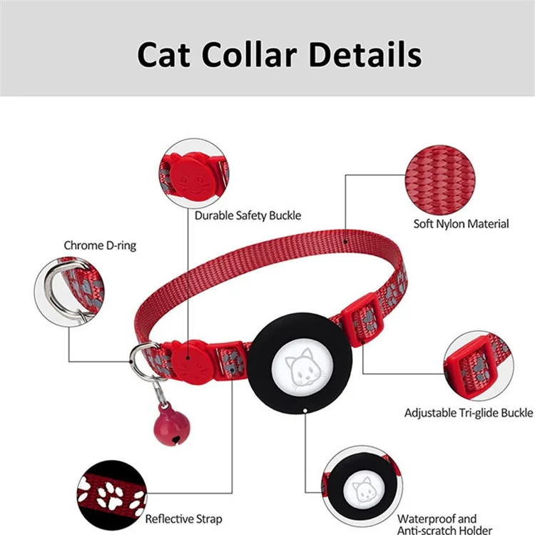 For AirTag Silicone Case Paw Pattern Reflective Pet Collar GPS Tracker Protective Cover with Bell, with Front Back Film Set - Red-Cellmalls