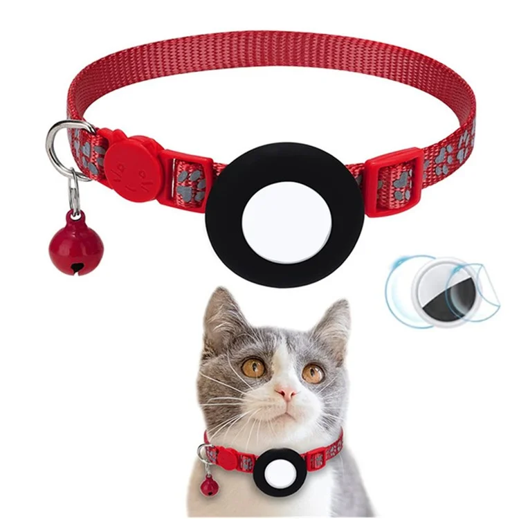 For AirTag Silicone Case Paw Pattern Reflective Pet Collar GPS Tracker Protective Cover with Bell, with Front Back Film Set - Red-Cellmalls