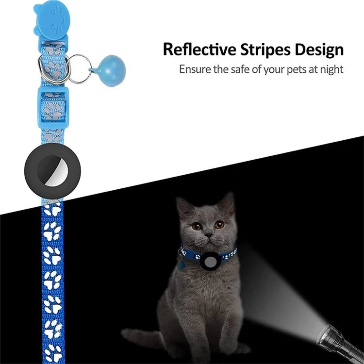 For AirTag Silicone Case Paw Pattern Reflective Pet Collar GPS Tracker Protective Cover with Bell, with Front Back Film Set - Sky Blue-Cellmalls