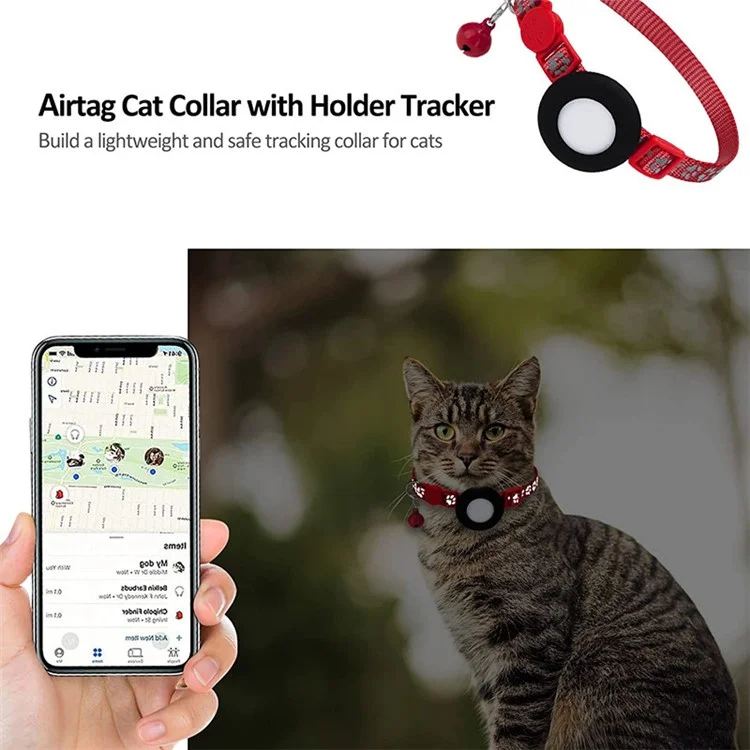 For AirTag Silicone Case Paw Pattern Reflective Pet Collar GPS Tracker Protective Cover with Bell, with Front Back Film Set - Red-Cellmalls