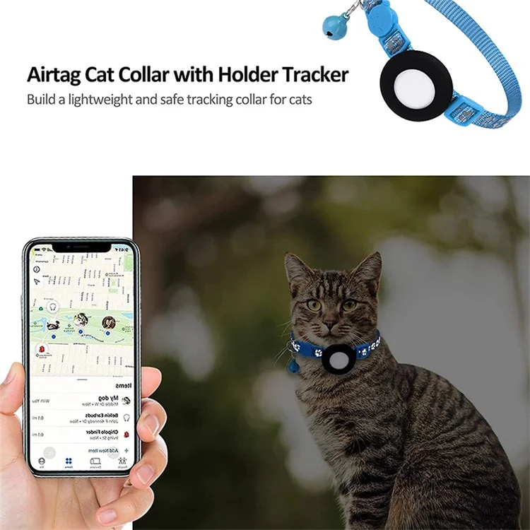 For AirTag Silicone Case Paw Pattern Reflective Pet Collar GPS Tracker Protective Cover with Bell, with Front Back Film Set - Sky Blue-Cellmalls