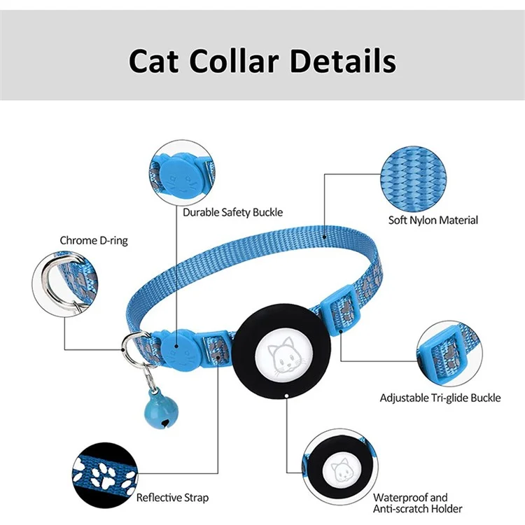 For AirTag Silicone Case Paw Pattern Reflective Pet Collar GPS Tracker Protective Cover with Bell, with Front Back Film Set - Sky Blue-Cellmalls