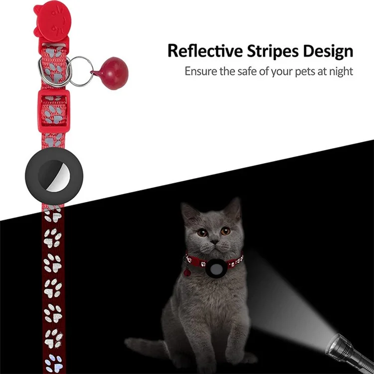 For AirTag Silicone Case Paw Pattern Reflective Pet Collar GPS Tracker Protective Cover with Bell, with Front Back Film Set - Red-Cellmalls