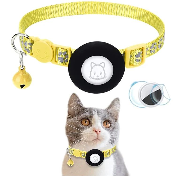 For AirTag Silicone Case Paw Pattern Reflective Pet Collar GPS Tracker Protective Cover with Bell, with Front Back Film Set - Yellow-Cellmalls